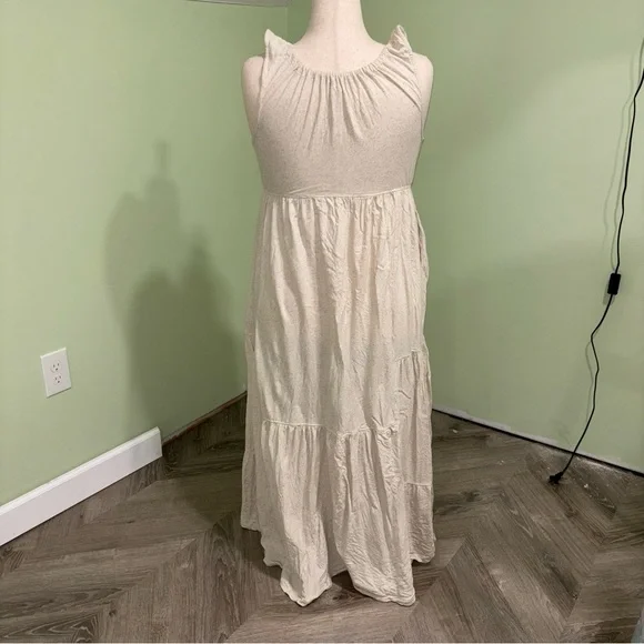 FP Beach Tie Front Sleeveless Tiered Maxi Dress Cream Boho Cottage Women’s Sz M - Picture 2 of 5